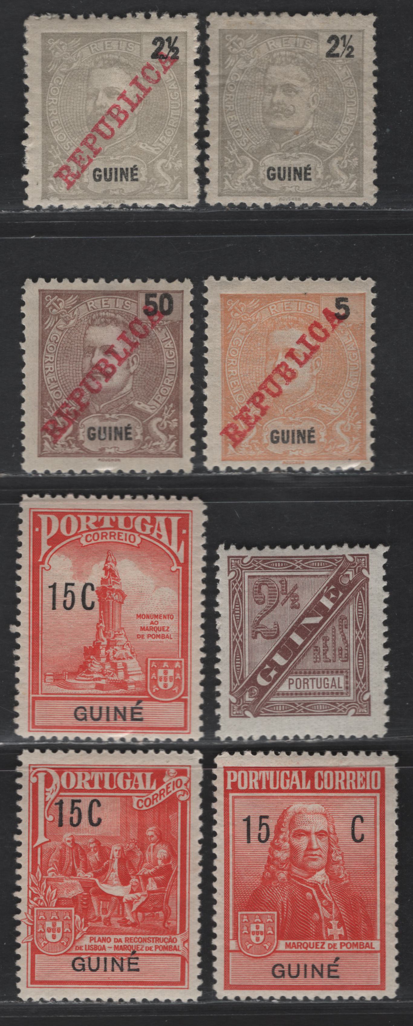 Lot 262 Portuguese Guinea SC#44, 95-, 46, 101, P1, RA1-RA3 2.5r - 15c Gray - Red & Black King Carlos - Pombal, 1898-1925 King Carlos - Pombal Postal Tax Issues, 8 F/VFOG & Unused Singles, #101 Issued Without Gum