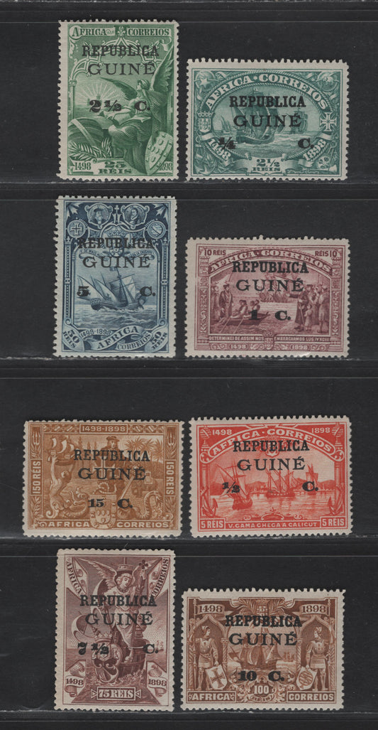 Lot 264 Portuguese Guinea SC#124-131 1/4c on 2.5c - 15c on 150r Blue Green - Bistre Vasco da Gama, 1913 Republica Overprints On Portuguese African Stamps Issue, 8 F/VFOG Singles