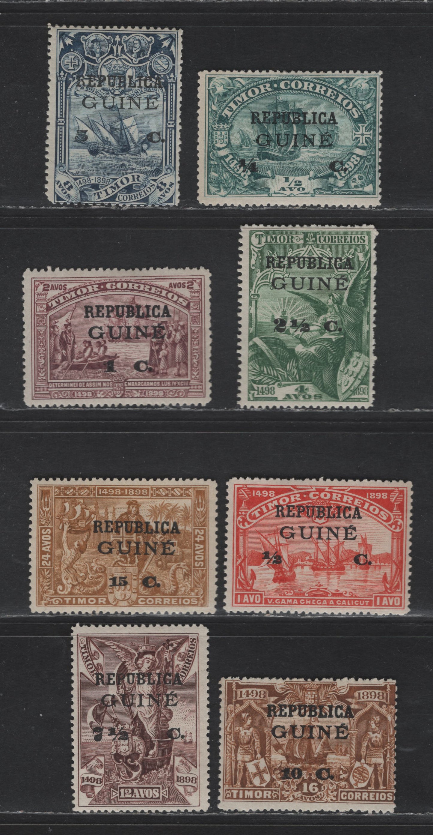 Lot 265 Portuguese Guinea SC#132-139 1/4c on 1/2a - 15c on 24a Blue Green - Bistre Vasco da Gama, 1913 Republica Overprints On Timor Stamps Issue, 8 F/VFOG Singles