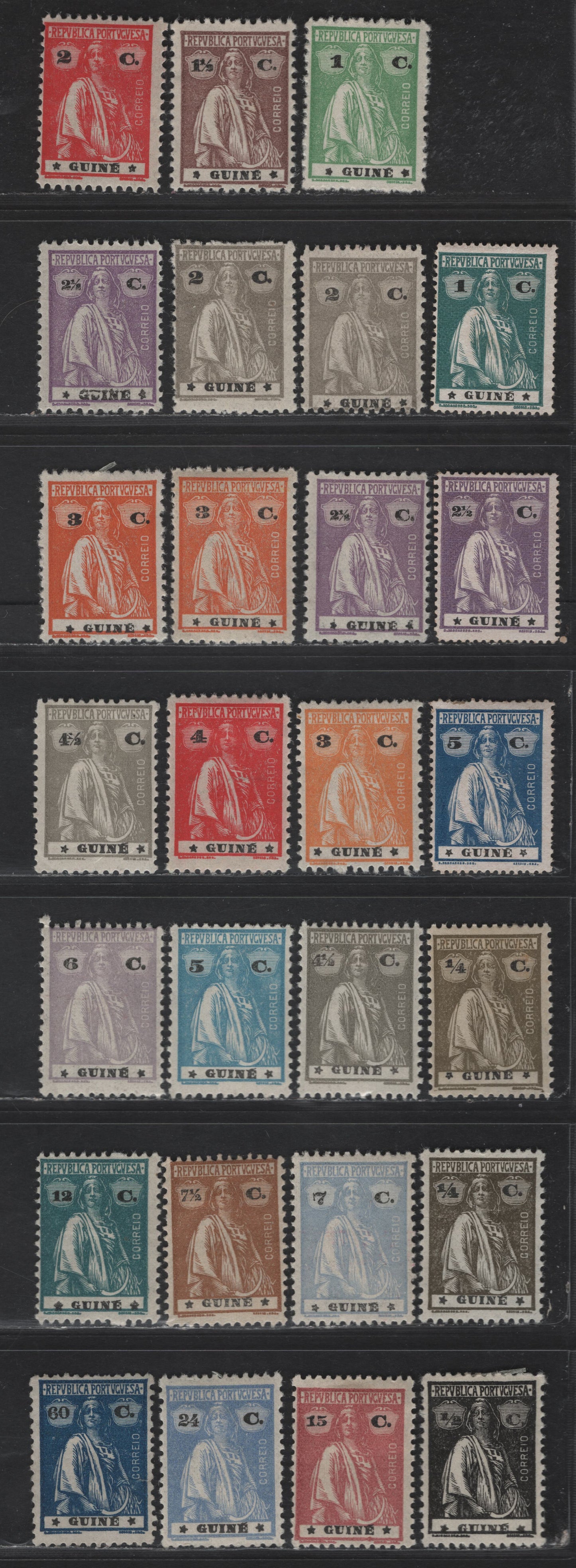 Lot 266 Portuguese Guinea SC#142, 145-146, 160-173, 176-177, 179, 179e 1c - 60c Blue Green - Dark Blue Ceres, 1914-1926 Ceres Issue, 27 F/VFOG Singles, Chalky Paper With Perf 15x14 Or Ordinary Paper Perf 12x11.5, 7.5c & 60c Are No Gum