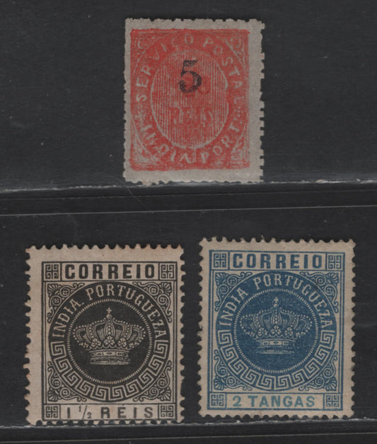 Lot 271 Portuguese India SC#166a, 162, 79d 5r on 20r Orange Crown, 1882-1889 Portuguese Crown Issue, 3 F/VFOG Single, Type III Surcharge & 1.5r & 2t Type 1 Perf 12.5 & 13.5 on Medium Paper