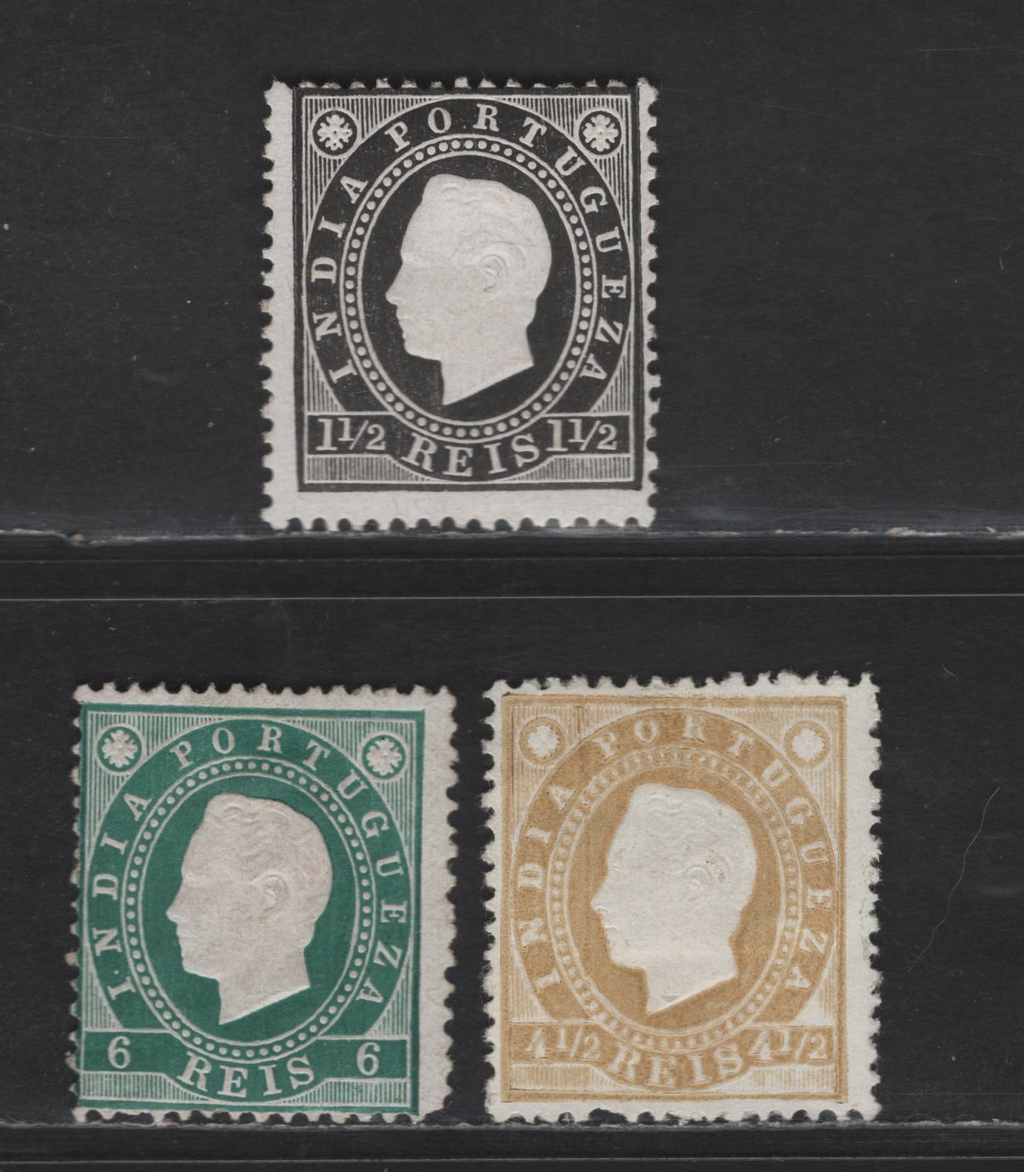 Lot 274 Portuguese India SC#174, 176 1.5r - 6r Black - Deep Green King Luiz, 1886 Embossed Issue, 3 FOG & Unused Singles