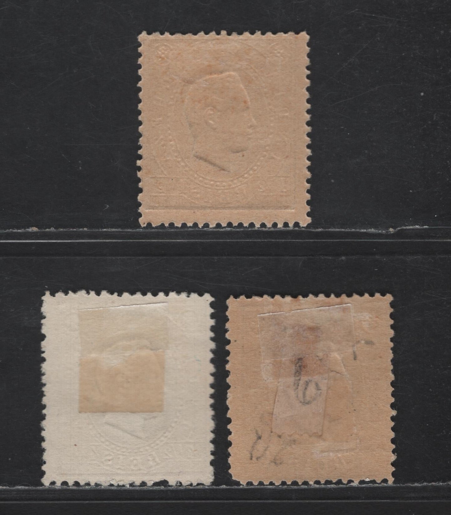 Lot 274 Portuguese India SC#174, 176 1.5r - 6r Black - Deep Green King Luiz, 1886 Embossed Issue, 3 FOG & Unused Singles