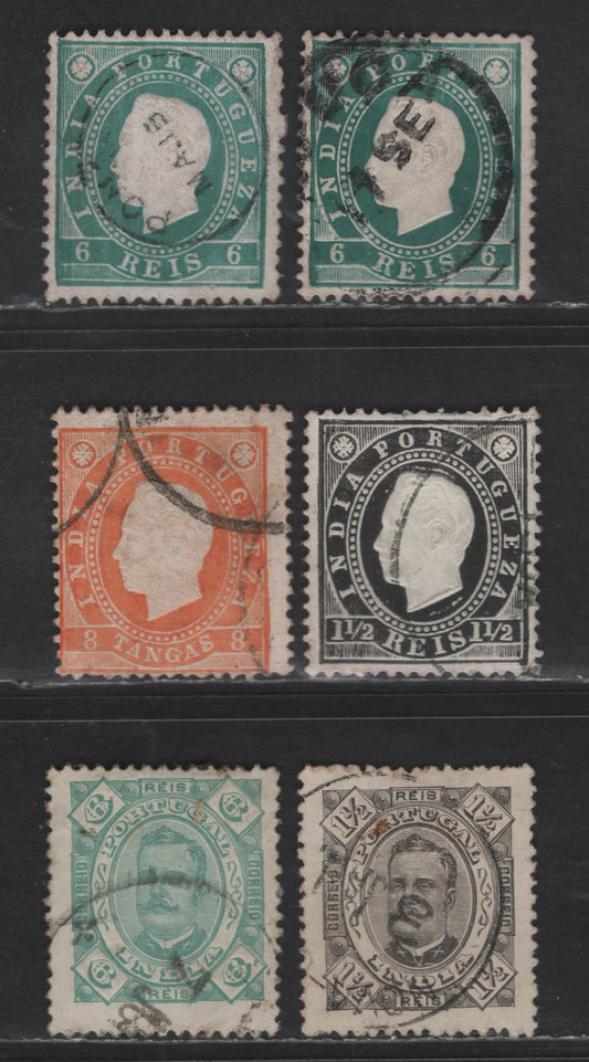 Lot 275 Portuguese India SC#174, 176, 180-181, 183a 1.5r - 8t Black - Orange King Luiz & King Carlos, 1886-1896 King Luiz & King Carlos Issues, 6 Fine/Very Fine Used Singles
