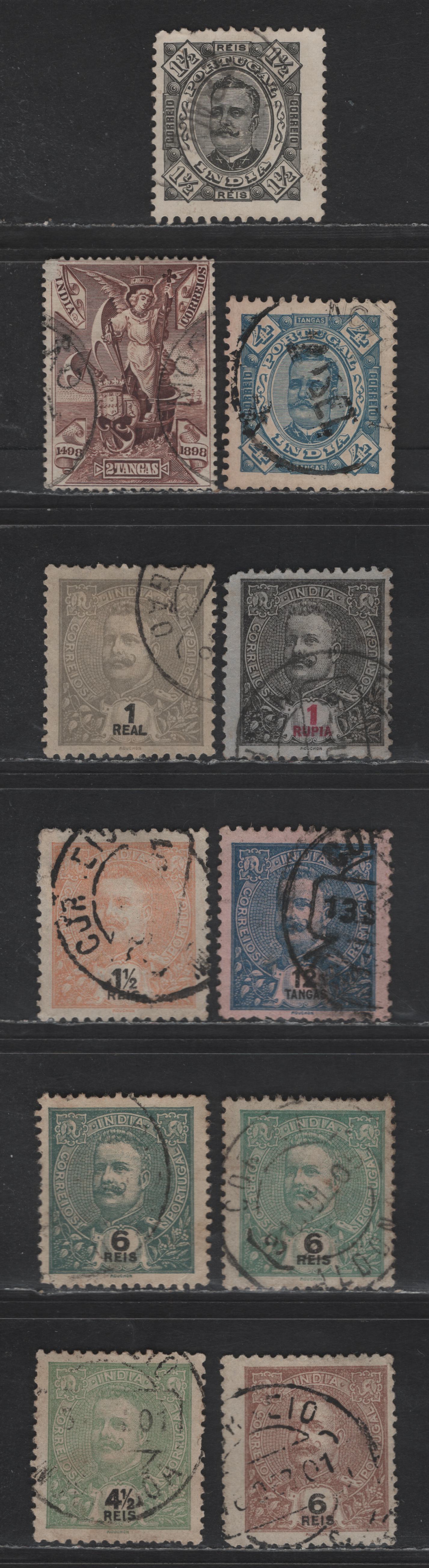 Lot 276 Portuguese India SC#181a, 186, 194, 203-205, 198, 218, 197, 219 1.5r - 1rp Black - Black & Red King Carlos, 1895-1903 King Carlos Issues, 11 Fine/Very Fine Used Singles, Perf 11.5