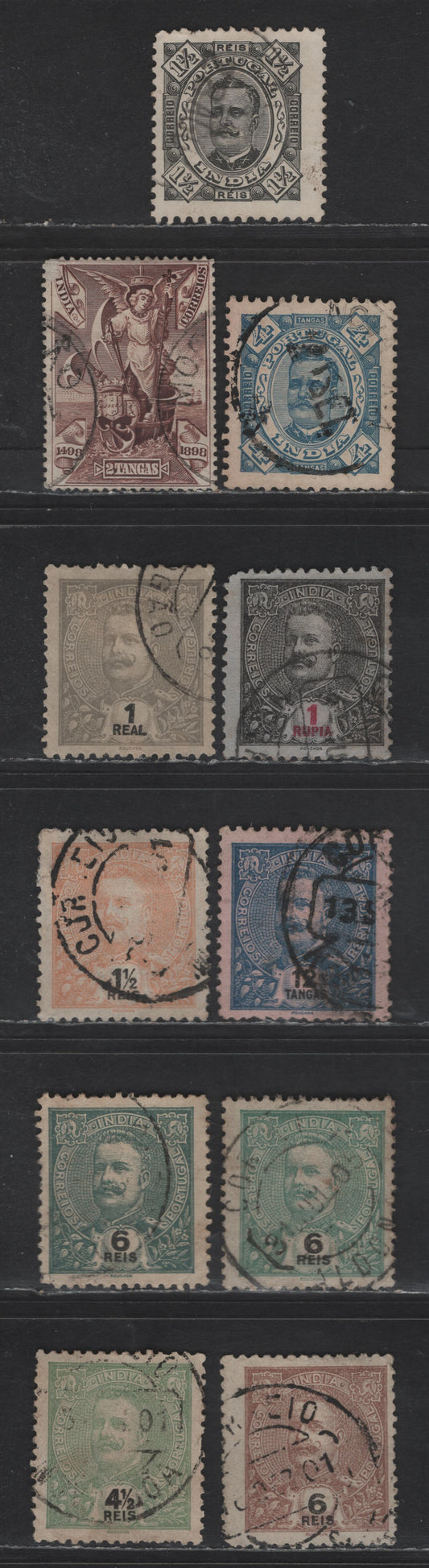 Lot 276 Portuguese India SC#181a, 186, 194, 203-205, 198, 218, 197, 219 1.5r - 1rp Black - Black & Red King Carlos, 1895-1903 King Carlos Issues, 11 Fine/Very Fine Used Singles, Perf 11.5