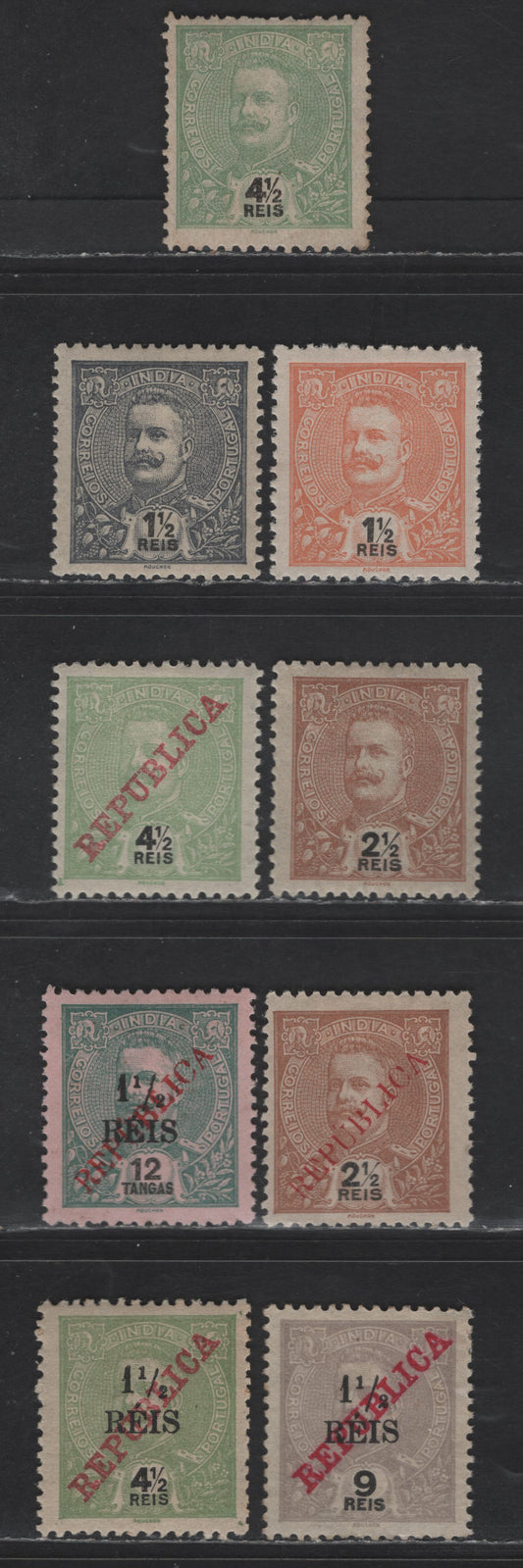 Lot 277 Portuguese India SC#203, 198-199, 249, 301, 201, 378b, 377b, 376b 1/2r - 1.5r on 12t Orange - Green on Pink King Carlos, 1898-1914 King Carlos & Surcharge Issues, 9 F/VFOG & Unused Singles, Type III Surcharge