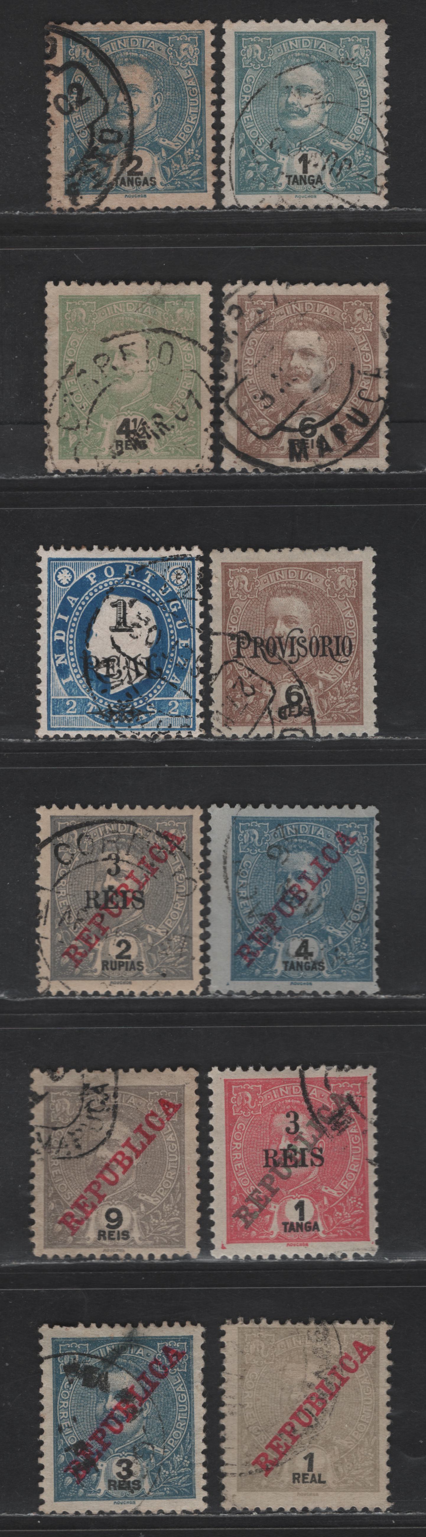 Lot 278 Portuguese India SC#208, 210, 205, 203, 239, 224, 254, 383, 379, 251, 244, 248 4.5r - 3r on 2p Light Green - Gray Black on Straw King Carlos, 1898-1914 King Carlos - Surcharges Issue, 12 Fine/Very Fine Used Singles