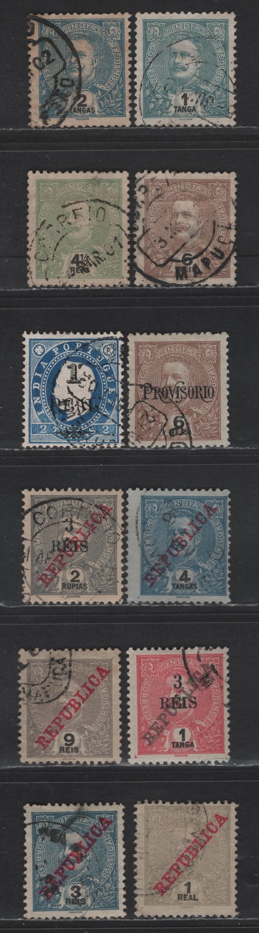 Lot 278 Portuguese India SC#208, 210, 205, 203, 239, 224, 254, 383, 379, 251, 244, 248 4.5r - 3r on 2p Light Green - Gray Black on Straw King Carlos, 1898-1914 King Carlos - Surcharges Issue, 12 Fine/Very Fine Used Singles