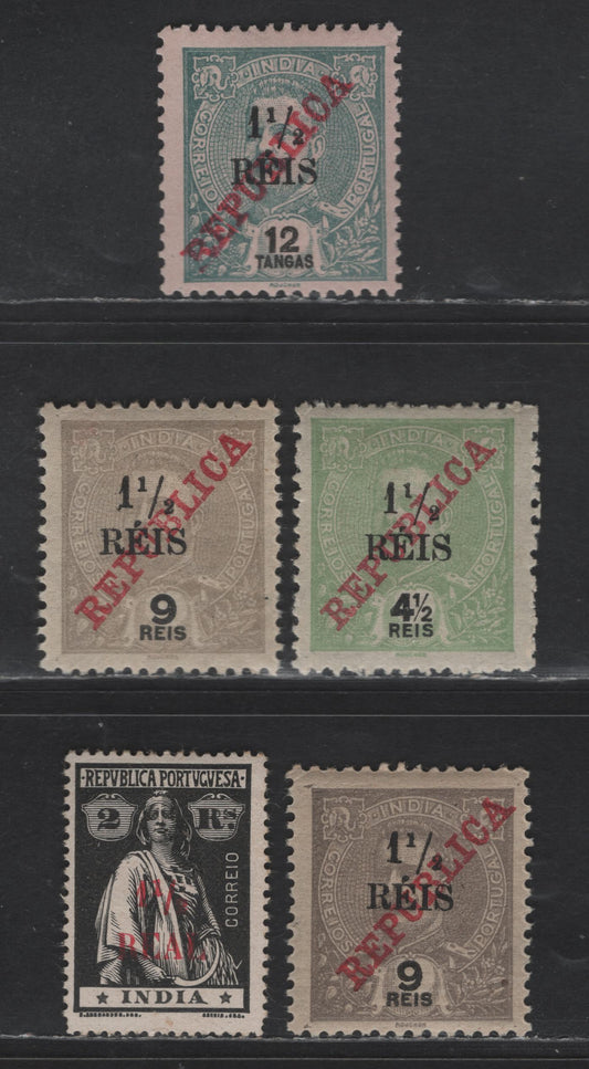 Lot 281 Portuguese India SC#378b, 376b, 377b, 400b 1.5r on 4.5r - 1.5r on 2r Green - Black King Carlos, 1914-1922 Surcharged Issues, 5 F/VFOG Singles, Chalky Paper, Type III Surcharges