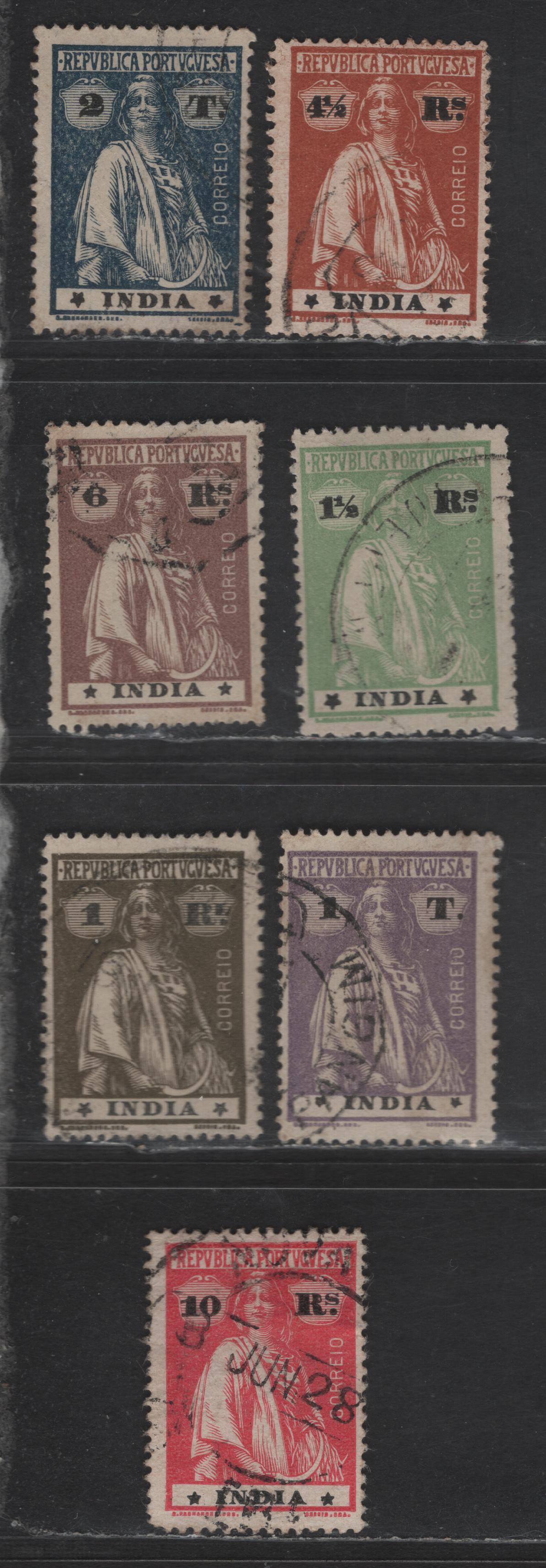 Lot 284 Portuguese India SC#366, 375h, 362, 357, 375b,f,i 1r - 2t Olive Brown - Deep Blue Ceres, 1914-1920 Ceres Issue, 7 Fine Used Singles, Chalky & Ordinary Paper, Perf 15x14
