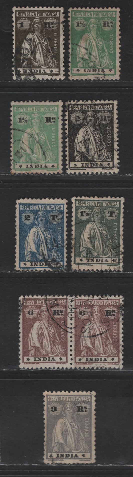Lot 285 Portuguese India SC#375j,k,l,m,u,v 1r - 2t Olive Brown - Deep Blue Sowers, 1921-1923 Sowers Issue, 8 Fine/Very Fine Used Singles & Pair, Perf 12x11.5