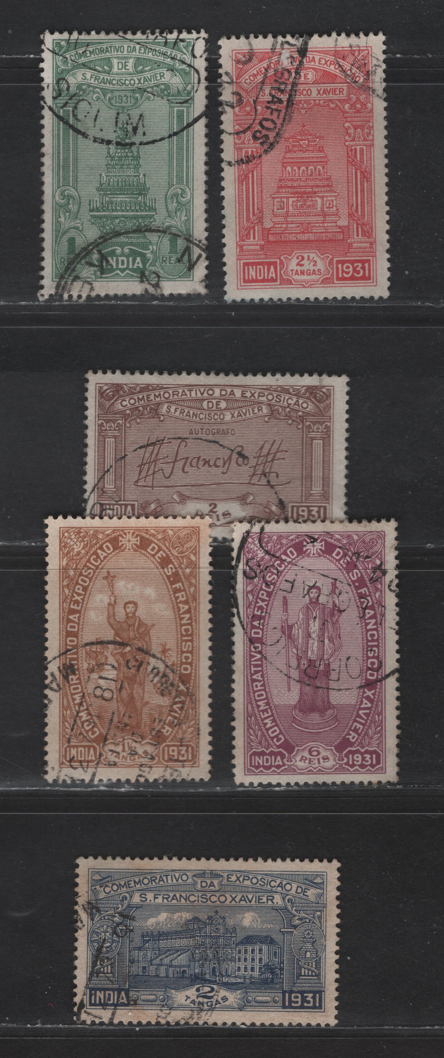 Lot 288 Portuguese India SC#414-419 1r - 2.5t Gray Green - Red St. Francis Xavier, 1931 Exposition of St Francis Xavier Issue, 6 Very Fine Used Singles