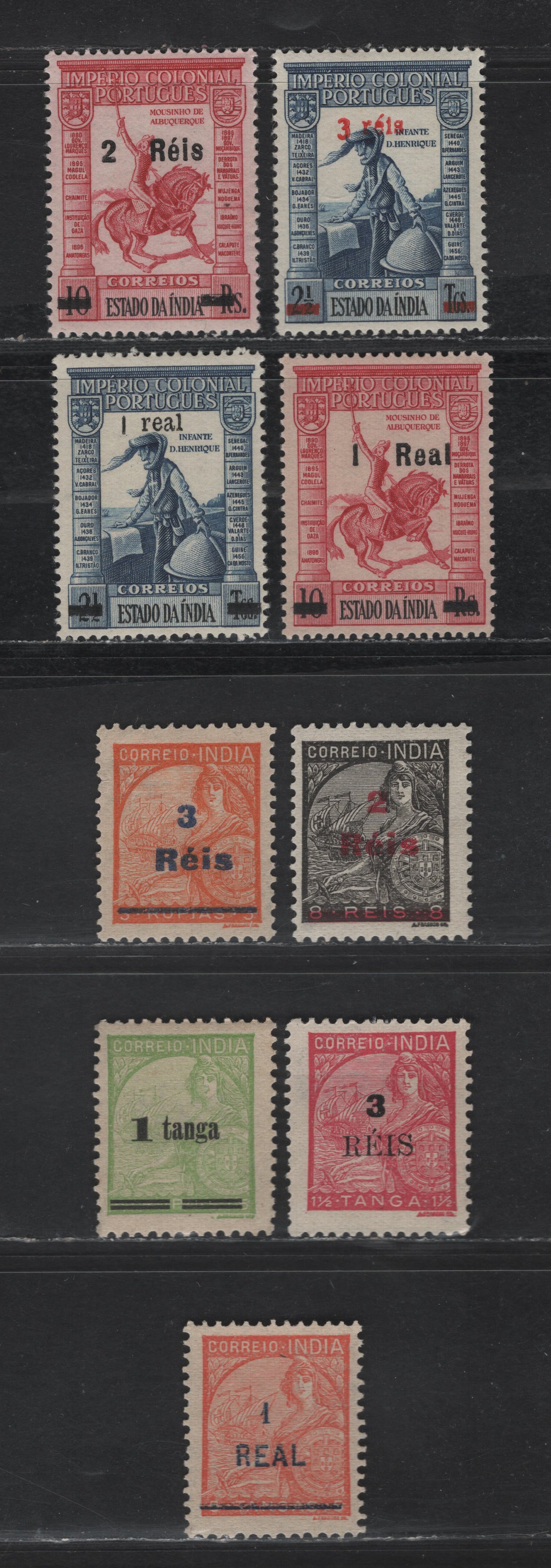 Lot 290 Portuguese India SC#457-458, 460-462, 492-495 1t on 5rp - 3r on 2.5t Apple Green - Blue Figures, 1941-1950 Surcharged Issue, 9 F/VFOG Singles, #460 Was Issued Without Gum