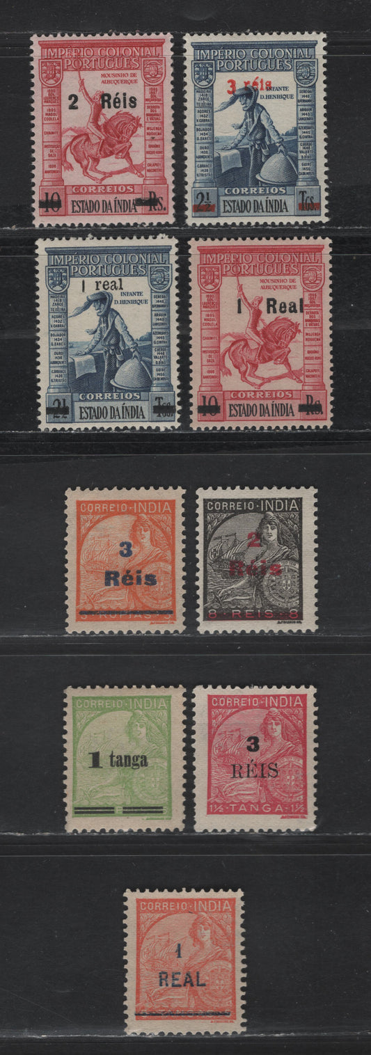 Lot 290 Portuguese India SC#457-458, 460-462, 492-495 1t on 5rp - 3r on 2.5t Apple Green - Blue Figures, 1941-1950 Surcharged Issue, 9 F/VFOG Singles, #460 Was Issued Without Gum