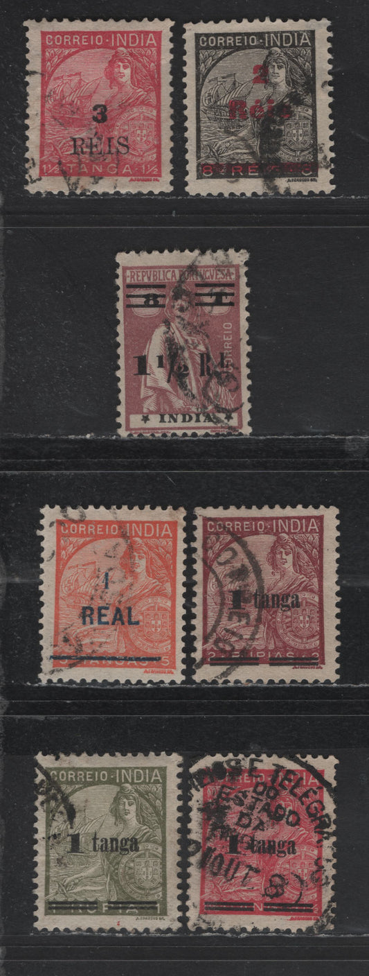 Lot 291 Portuguese India SC#421, 454-456, 458, 460-461 1.5r on 8t - 2r on 8r Plum - Black Figures, 1932-1946 Surcharged Issue, 7 Fine/Very Fine Used Singles, Ordinary Paper