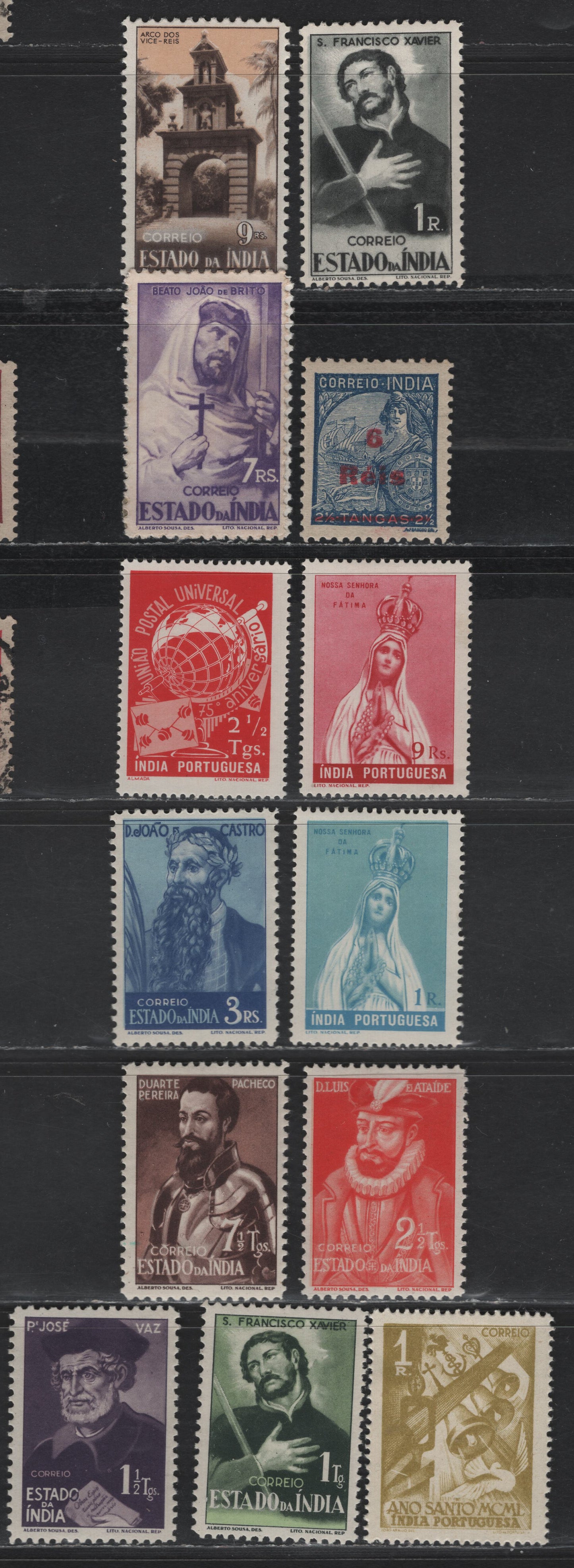 Lot 292 Portuguese India SC#463-465, 467-468, 475-479, 481, 483, 489-490 6r on 2.5t - 1r Blue - Olive Bistre Holy Year - Surcharge, 1945-1950 Holy Year - Surcharge Issues, 14 VFOG Singles