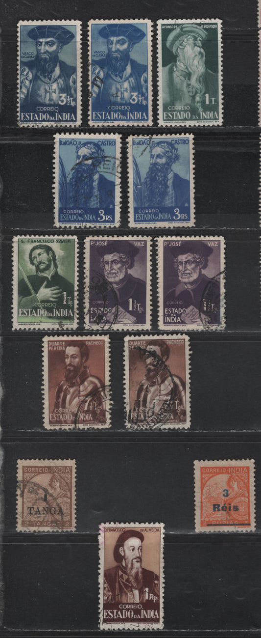 Lot 293 Portuguese India SC#459, 462, 469-471, 475-479 1t on 2t - 7.5t Brown - Dark Brown & Orange Brown Portraits, 1943-1948 Surcharges & Portraits Issues, 14 Fine/Very Fine Used Singles, Shade Varieties