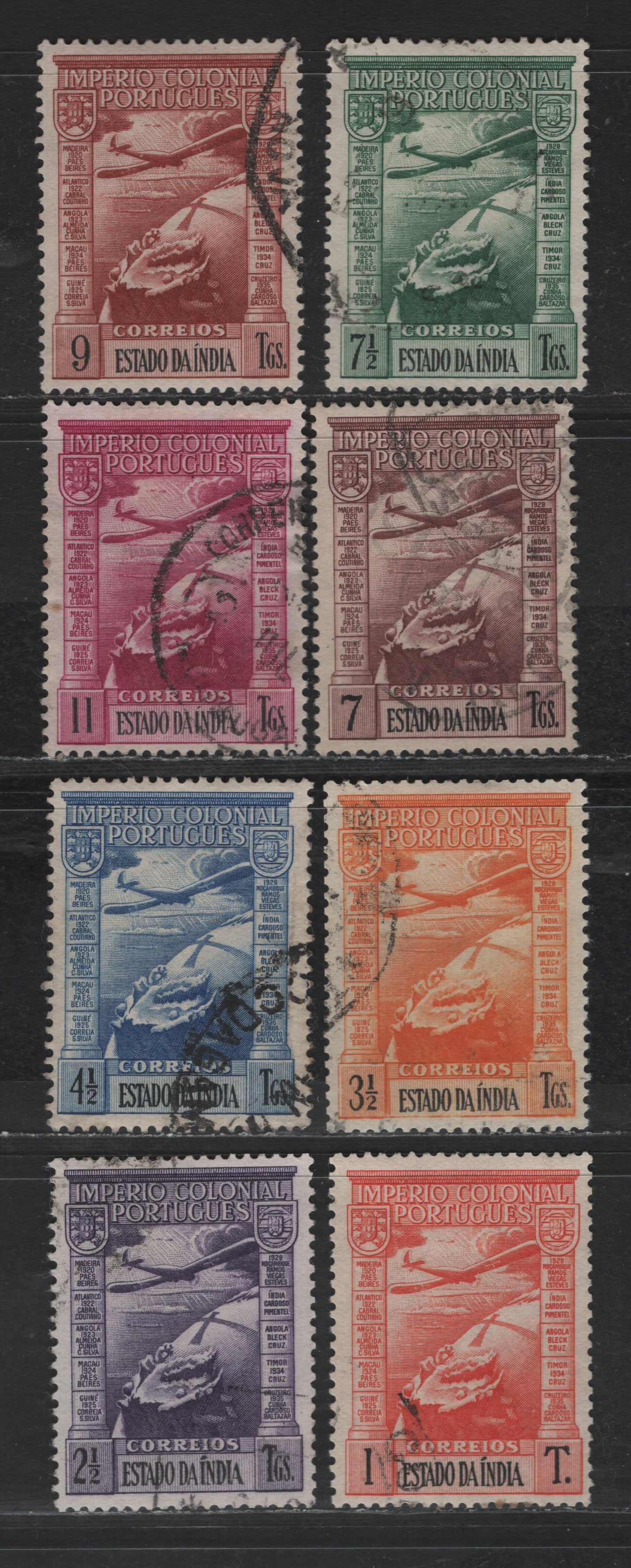 Lot 294 Portuguese India SC#C1-C8 1t - 11t Red Orange - Magenta Planes, 1938 Airmail Issue, 8 Very Fine Used Singles