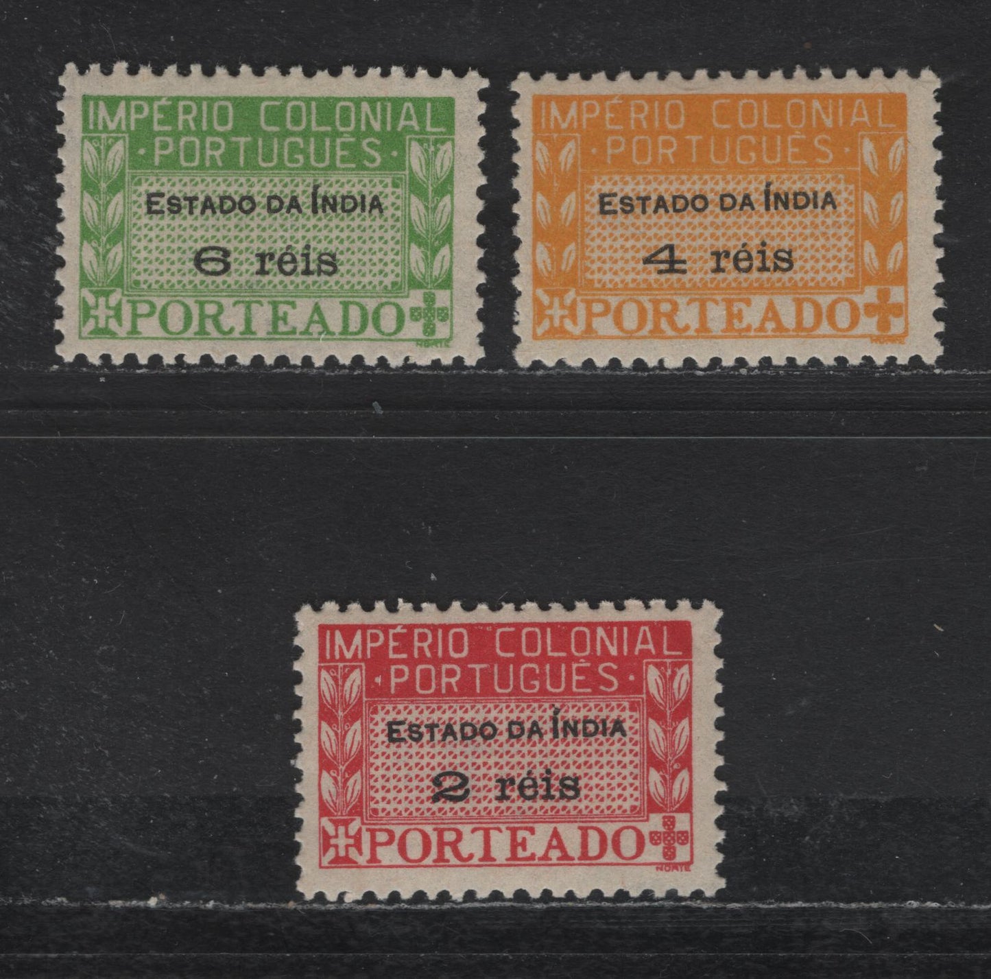 Lot 296 Portuguese India SC#J37, J39-J40 2r - 6r Bright Carmine - Yellow Green Numerals, 1945 Postage Dues, 3 VFOG Singles