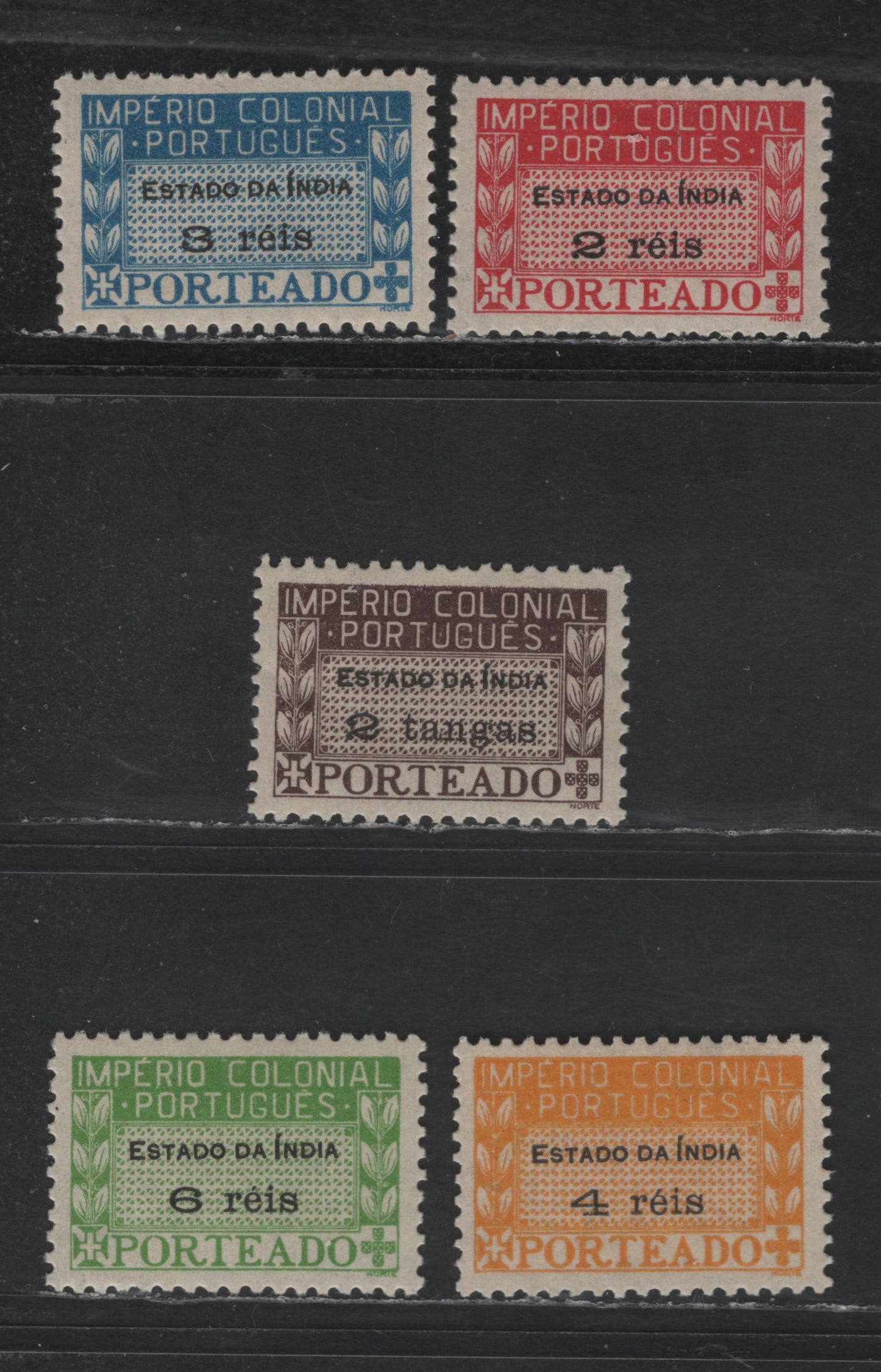 Lot 297 Portuguese India SC#J37-J40, J42 2r - 2t Bright Carmine - Chocolate Numerals, 1945 Postage Dues, 5 VFOG Singles