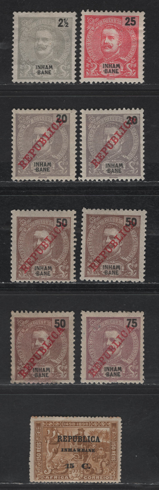 Lot 299 Inhambane SC#15a, 20a, 36, 38-39, 63 2.5r - 15c on 150r Gray - Bistre King Carlos, 1903-1918 King Carlos & Republican Overprinted Issues, 8 VFOG Singles, 2.5r Gray Issued Without Gum