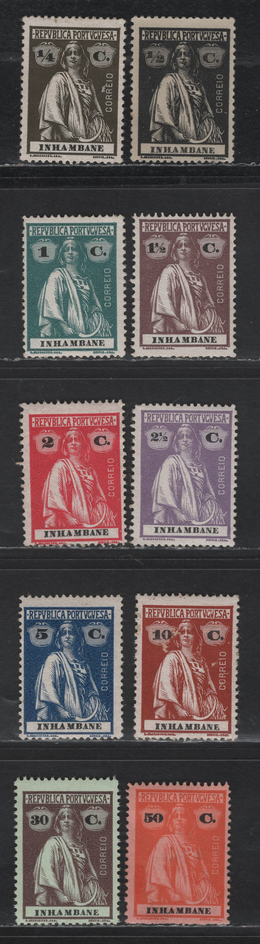 Lot 300 Inhambane SC#72-78, 81, 84, 86 1/4c - 50c Olive Brown - Orange on Salmon Ceres, 1914 Ceres Issue, 10 F/VFOG/NH Singles, 10c Is NH