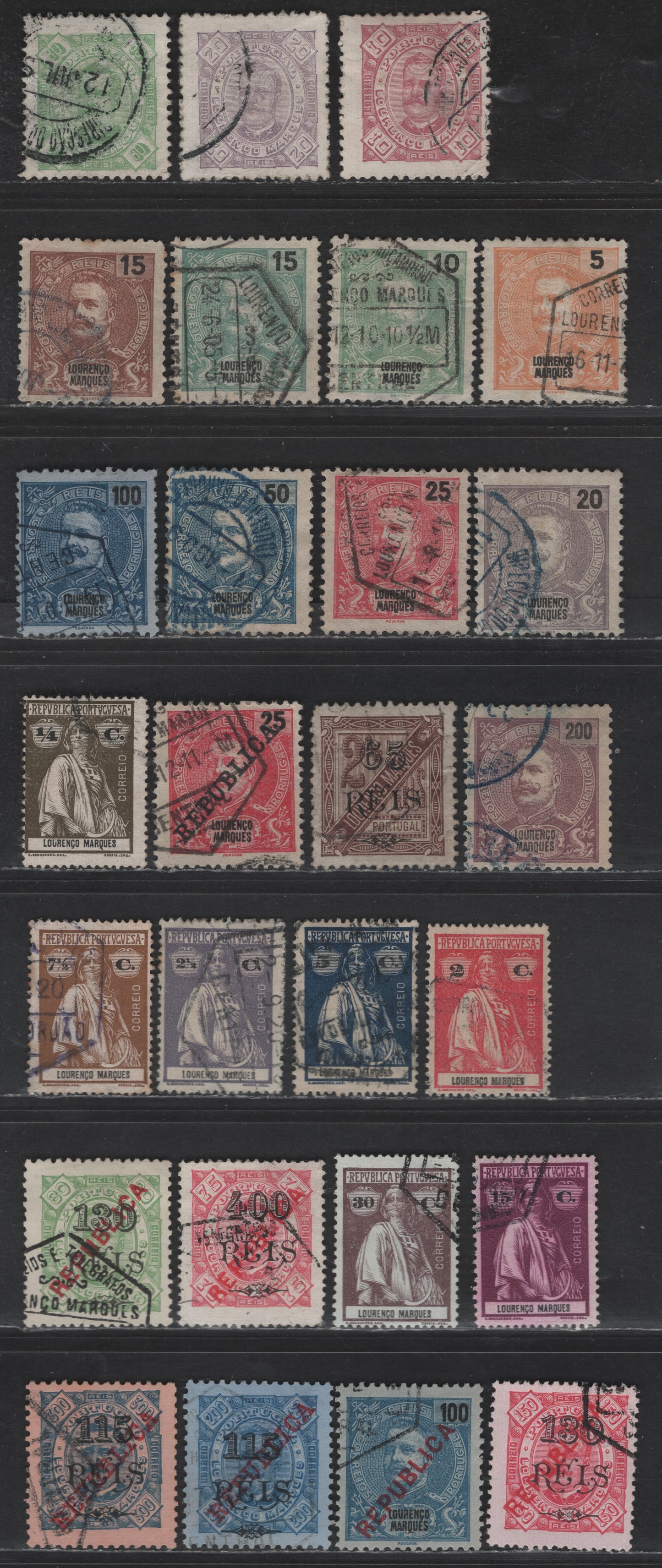 Lot 151 Lourenco Marques SC#2, 4, 8, 31-38, 44, 48, P1, 82, 116, 120-123, 126, 128, 136, 137, 157, 149, 141-142 10r - 400r on 75r Red Violet - Rose King Carlos -Republica, 1895-1917 King Carlos - Republica Issues, 28 Fine/Very Fine Used Singles
