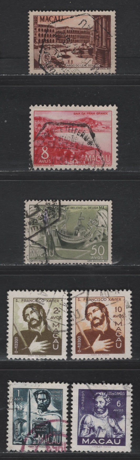 Lot 156 Macao SC#324, 327, 345, 347, 353-354, 356-357 1a - 10a Dark Brown & Orange - Red Brown & Orange Scenes & Portraits, 1948-1951 Scenes & Portraits Issue, 8 Very Fine Used Singles