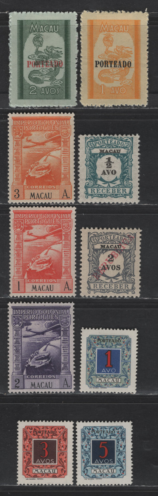 Lot 157 Macao SC#C7-C9, J1, J14, J53-J55, J50-J51 1a - 5a on 6a Scarlet - Multicolored Scenes & Numerals, 1938-1952 Airmail & Postage Dues, 10 VFOG & Unused Singles