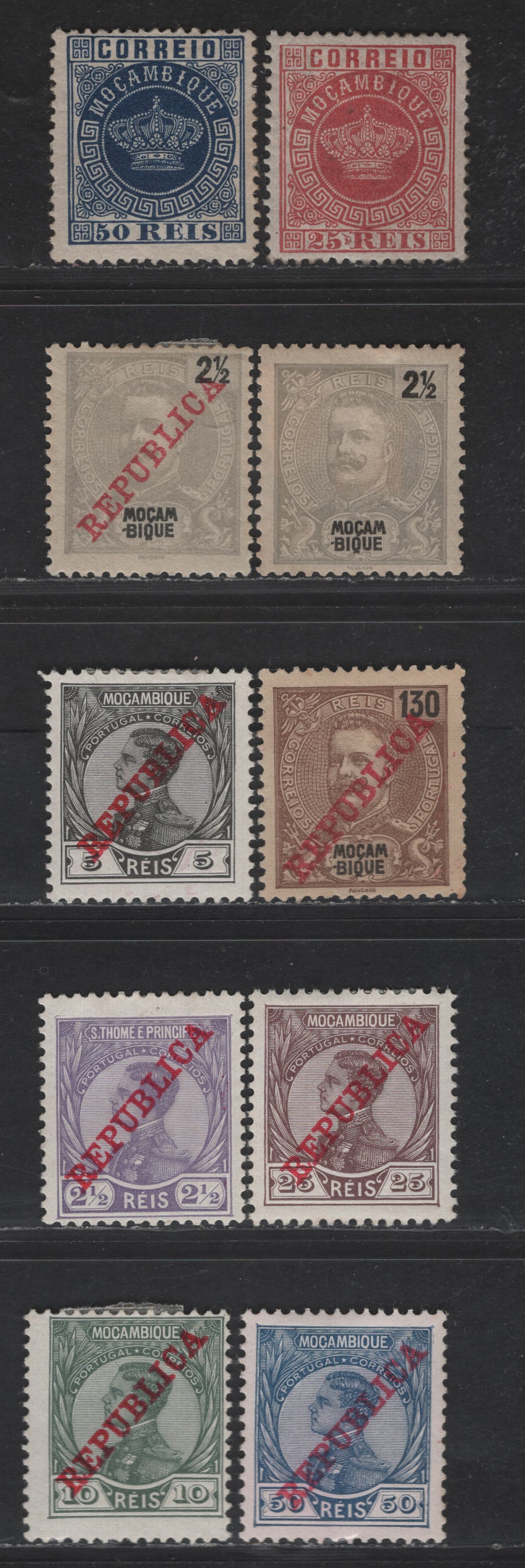 Lot 162 Mozambique SC#6, 11, 49, 99, 109, 114-116, 118-119   Portuguese Crown - King Manuel II, 1877-1885 Portuguese Crown - King Manuel II Issues, 10 F/VFOG & Unused Singles