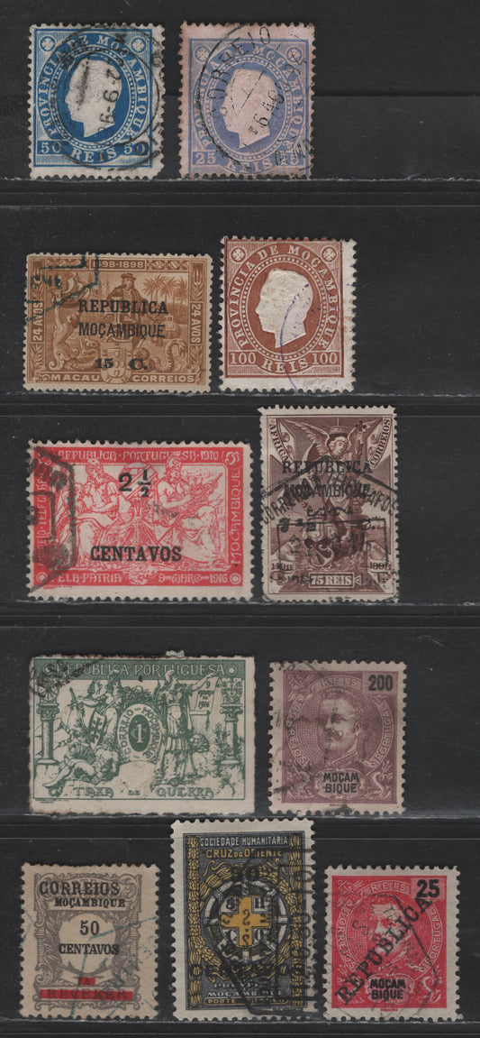 Lot 163 Mozambique SC#20-22, 104, 132, 138, 67, 222, MR1,RA4, 247 50c - 50c Blue - Slate & Yellow King Luiz & Scenes, 1886-1925 Embossed King Luiz & Postal Tax Issues, 11 Fine/Very Fine Used Singles