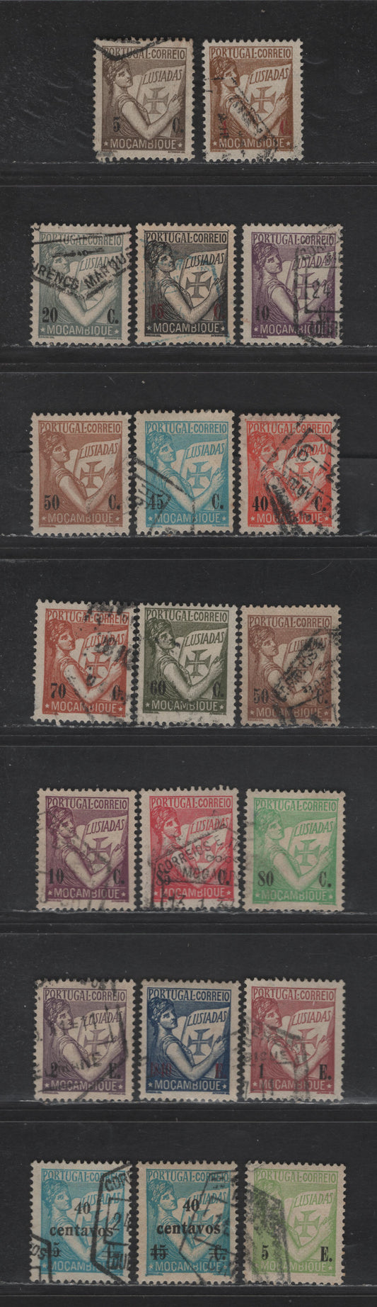 Lot 165 Mozambique SC#251-255, 257-267, 288 1c - 40c on 45c Bistre Brown - Bright Blue Lusiads, 1933-1938 Lusiads Issue, 17 Fine/Very Fine Used Singles