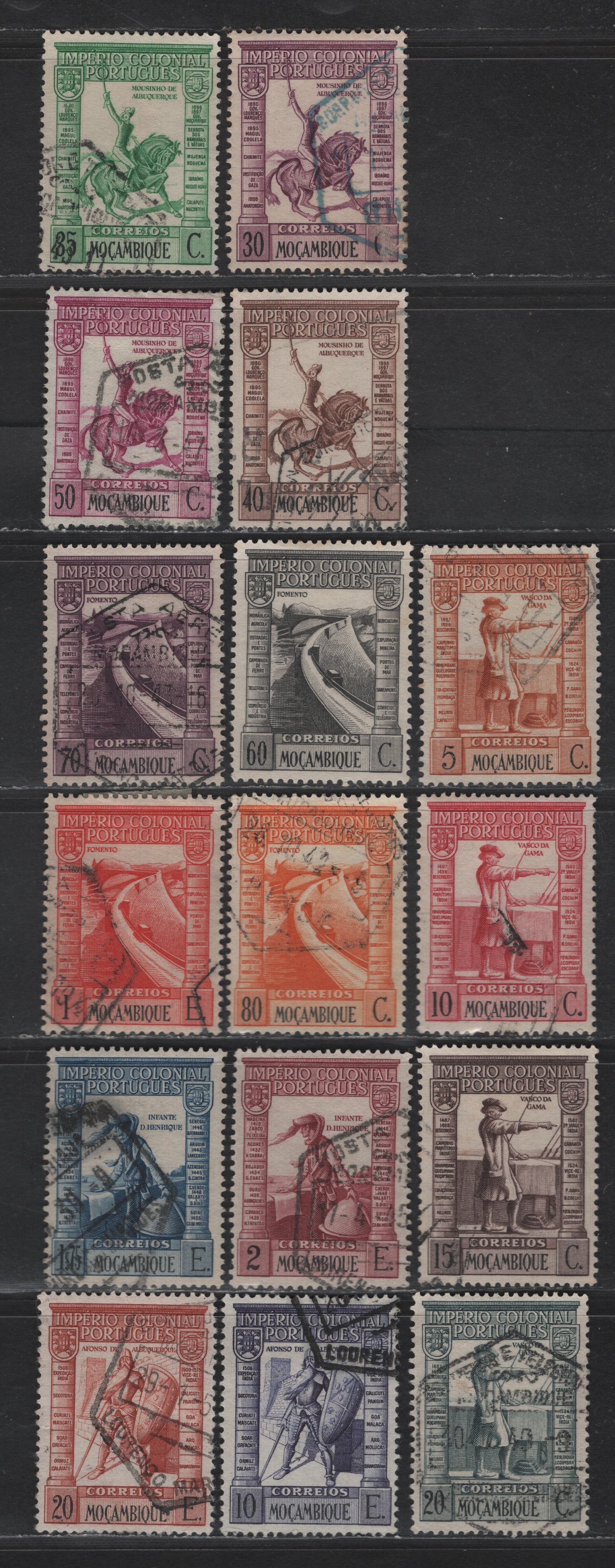 Lot 166 Mozambique SC#271-284, 286-287 5c - 50e Orange Brown - Red Brown Vasco da Gama, 1938 Vasco da Gama Issue, 16 Very Fine Used Singles