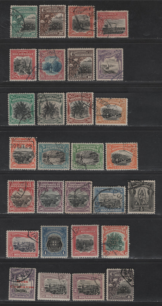 Lot 170 Mozambique SC#110, 113, 115-116a, 120-121, 124-126, 128-132, 139, 141, 143-145, 148 1/2c - 1/2c on 2.5 Black - Lilac & Black Scenes, 1918-1931 Pictorial Issue, 29 Fine/Very Fine Used Singles, Mostly Perf 12.5, A Few Perf 14s, Shade Variations