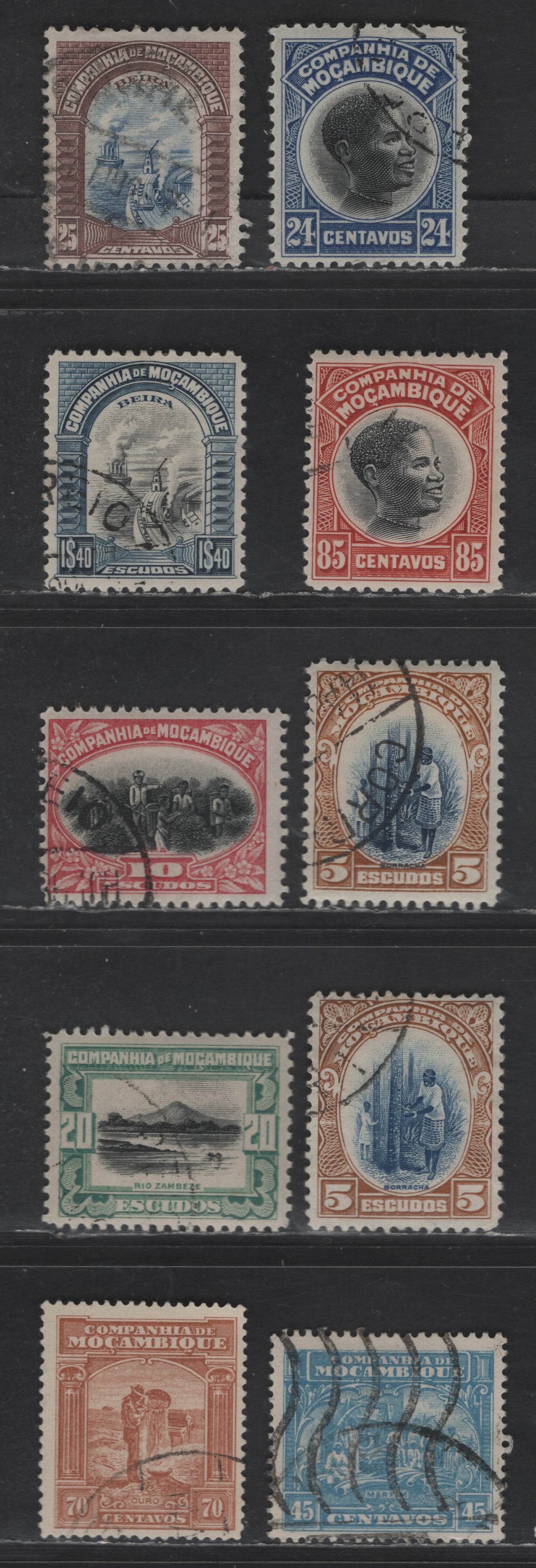 Lot 171 Mozambique SC#155-163 24c - 70c Ultramarine & Black - Yellow Brown Scenes, 1925-1931 Pictorial Issue, 10 Fine/Very Fine Used Singles, Shade Differences