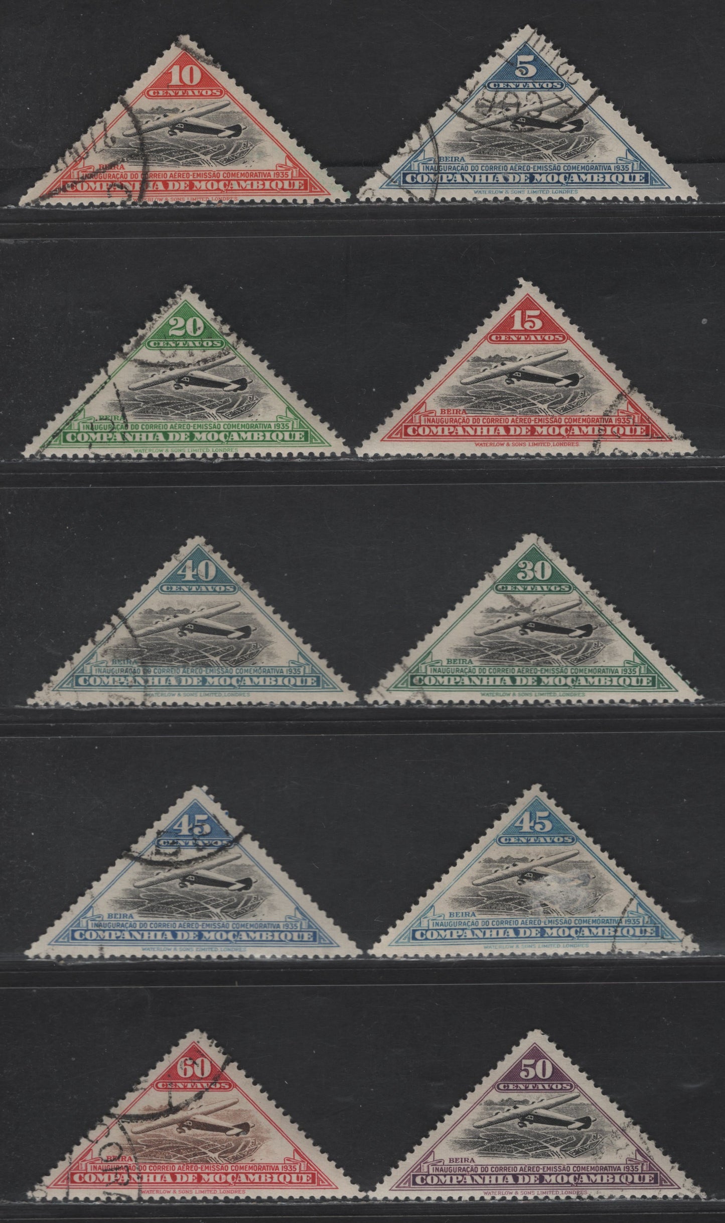 Lot 173 Mozambique SC#165-174 5c - 80c Blue & Black - Carmine & Black Airplane Over Beira - Salisbury Air Service, 1935 Airplane Over Beira - Salisbury Air Service Issues, 10 Very Fine Used Singles