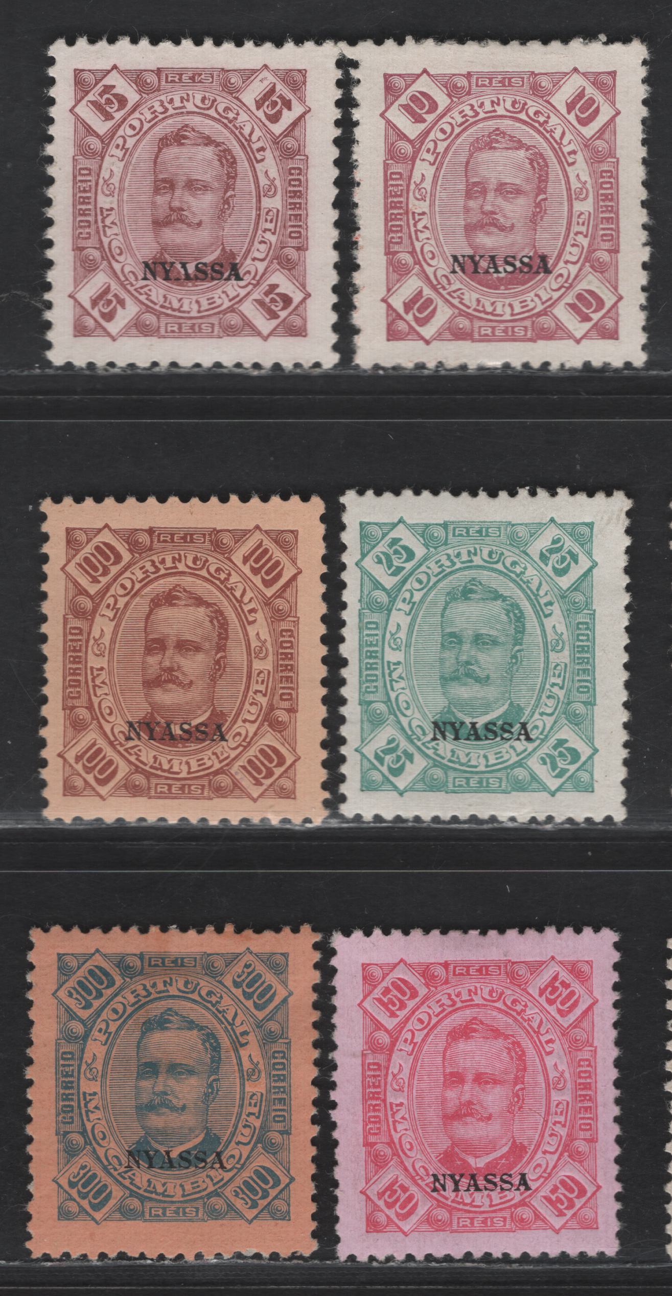Lot 176 Nyassa SC#2-3, 5, 9-10, 12 10r - 300r Reddish Violet - Dark Blue on Salmon King Carlos, 1898 Nyassa Overprints on King Carlos Issue, 6 F/VFOG & Unused Singles, 10r & 15r Have No Gum As Issued