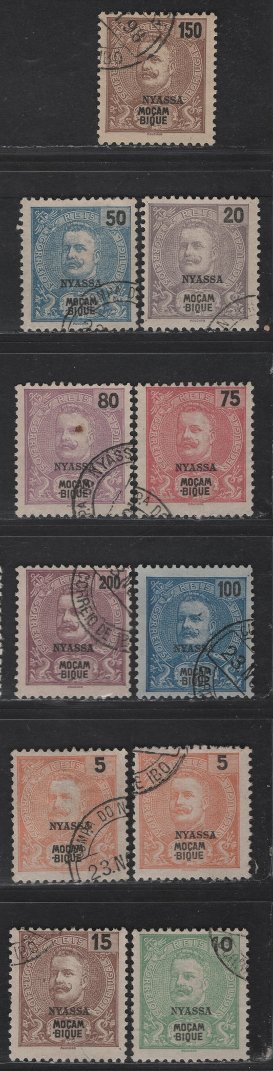 Lot 177 Nyassa SC#14-17, 19-24 5r - 200r Orange - Red Lilac on Pinkish King Carlos, 1898 Nyassa Overprints on King Carlos Issue, 10 Fine/Very Fine Used Singles