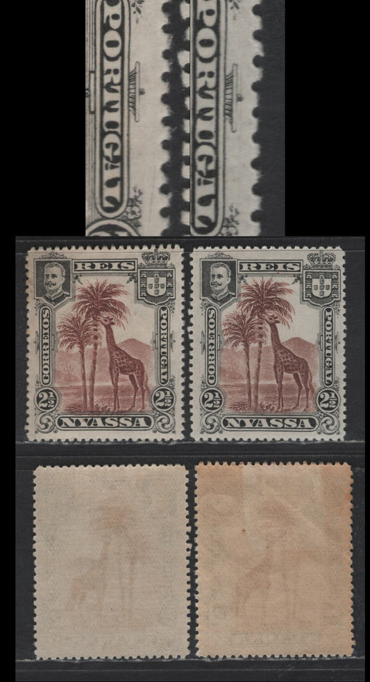 Lot 183 Nyassa SC#26var 2.5r Black & Red Brown Giraffe, 1901 Pictorial Issue, 2 VFOG Singles, Scratches In Right Margin & On Right Ornament