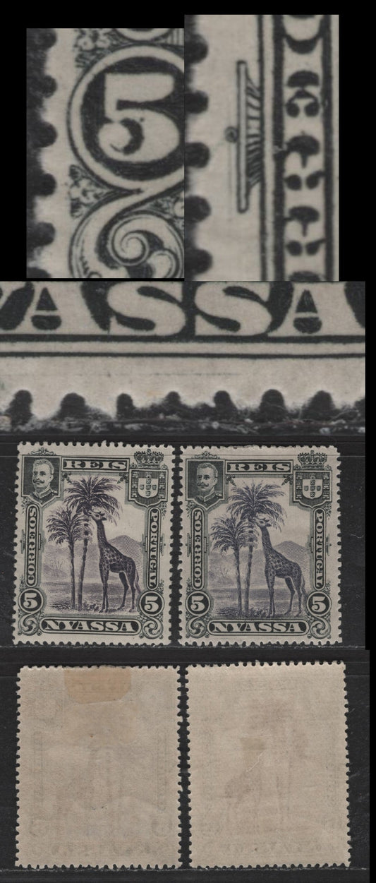 Nyassa SC#27var 5r Black & Violet Giraffe, 1901 Pictorial Issue, 2 VFOG Singles, Vertical Scratches In Left Margin & Bottom Margin