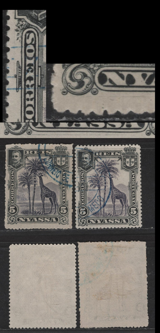 Lot 189 Nyassa SC#27var 5r Black & Violet Giraffe, 1901 Pictorial Issue, 2 Very Fine Used Singles, Scratches In Bottom & Left Margins