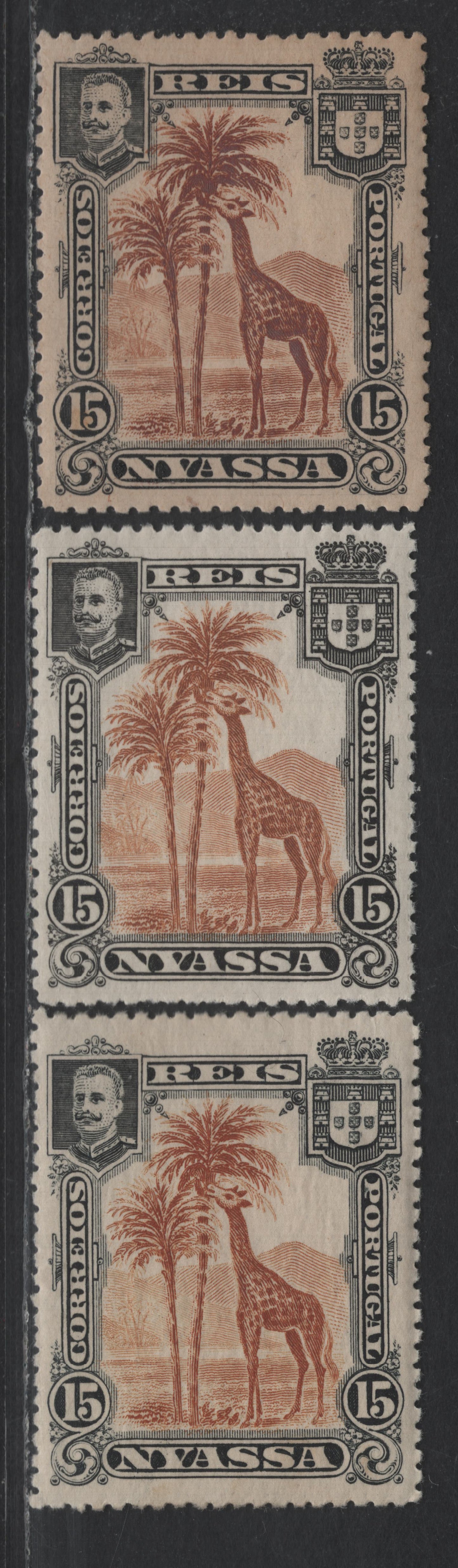 Lot 197 Nyassa SC#29var 15r Black & Orange Brown Giraffe, 1901 Pictorial Issue, 3 VFNH Singles, Perfs 13.75 & 14, 2 Shades of Perf 14