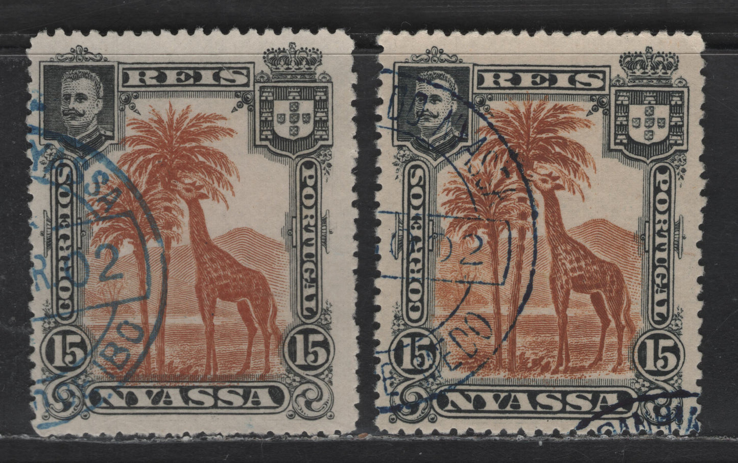 Nyassa SC#29var 15r Black & Orange Brown Giraffe, 1901 Pictorial Issue, 2 Very Fine Used Singles, Perfs 13.5x15 & 14x13.75