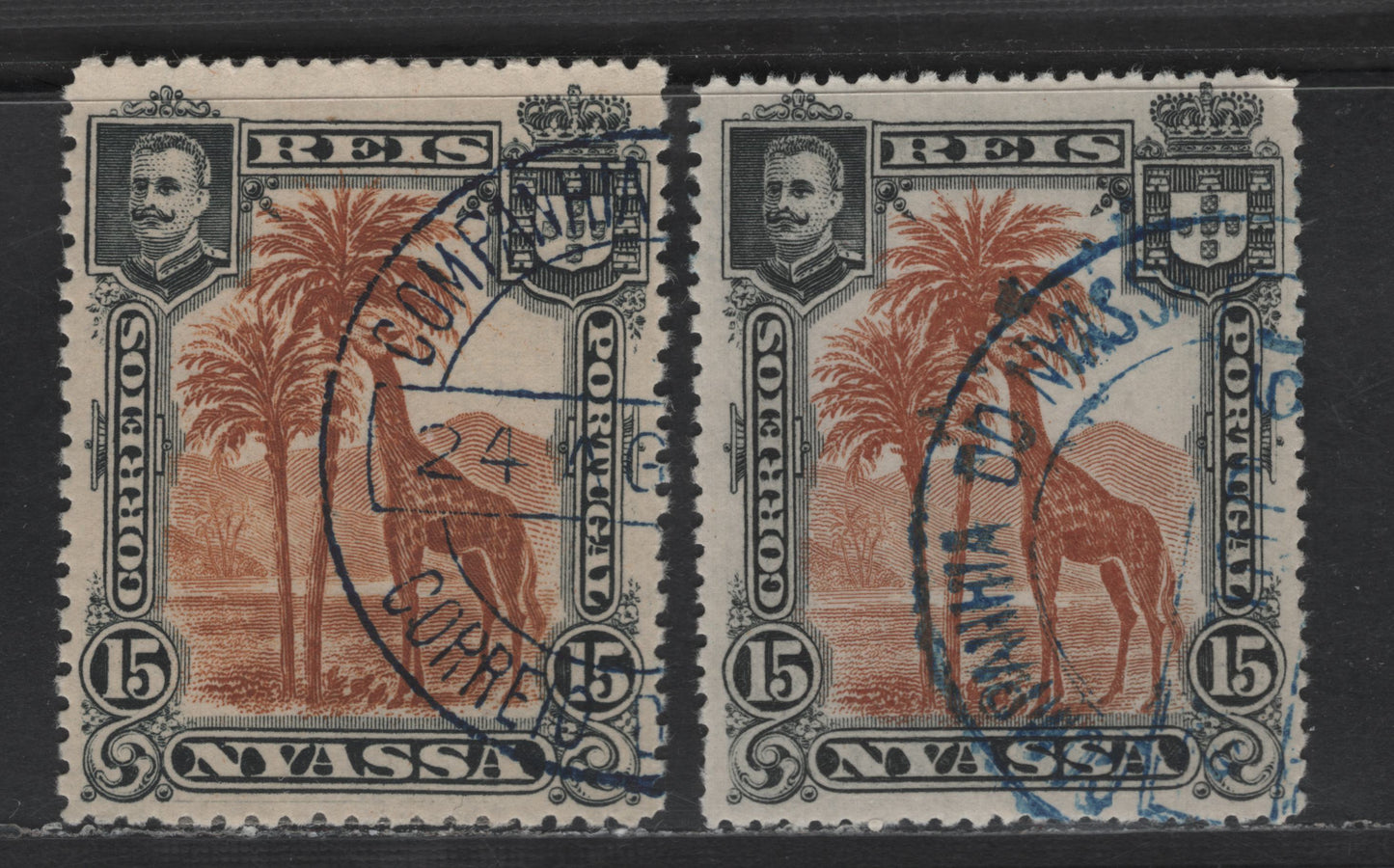 Nyassa SC#29var 15r Black & Orange Brown Giraffe, 1901 Pictorial Issue, 2 Very Fine Used Singles, Perf 15x13.75