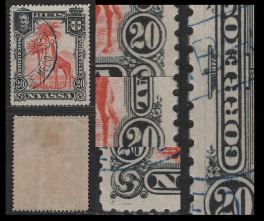 Nyassa SC#30var 20r Orange Red & Black Giraffe, 1901 Pictorial Issue, A Very Fine Used Single, Misplaced Entries In Lower Left Margin, Right '20' Frame Under L in Portugal Plus Guideline Scratch In Left Margin