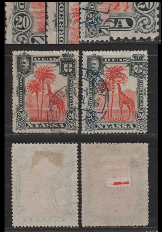Nyassa SC#30var 20r Orange Red & Black Giraffe, 1901 Pictorial Issue, A Fine/Very Fine Used Singles, Perf 14, Scratches In Margins as Indicated