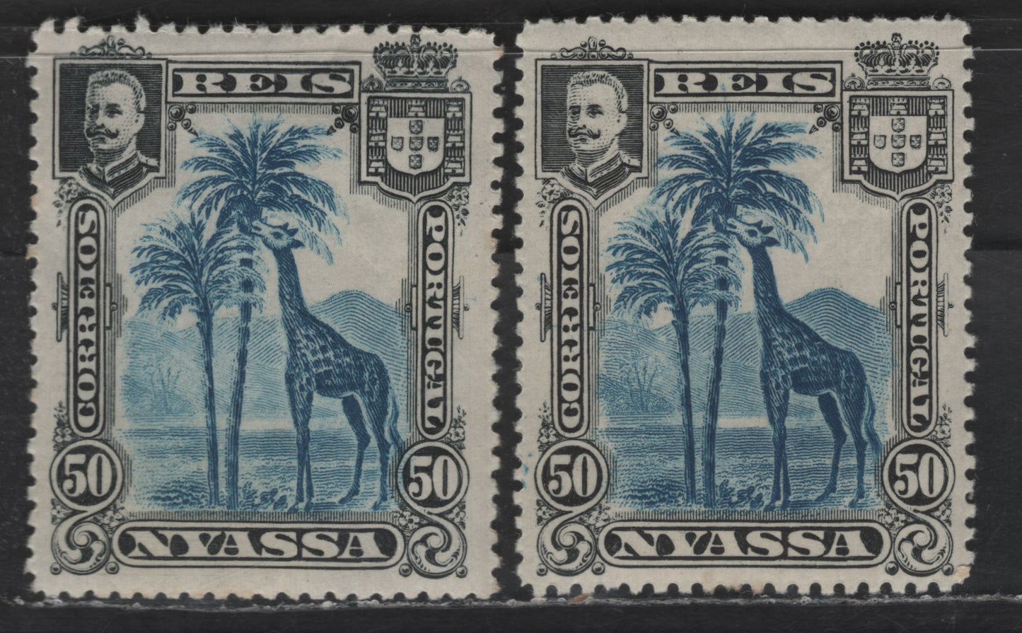 Lot 213 Nyassa SC#32 50r Black & Blue Giraffe, 1901 Pictorial Issue, 2 VFNH Singles, Perfs 14 & 14.25x14