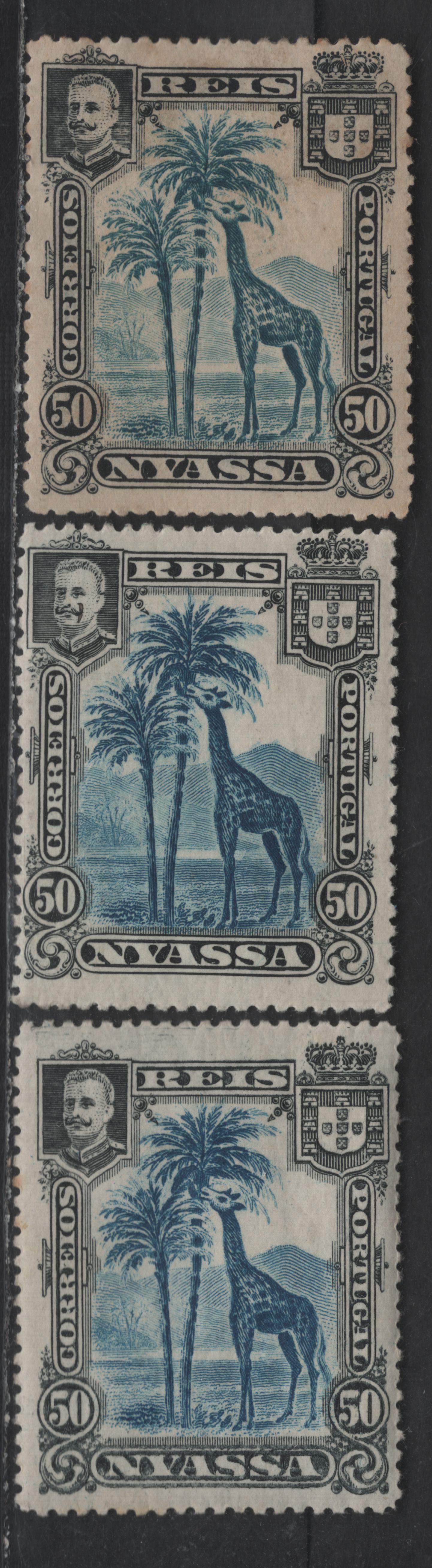 Lot 214 Nyassa SC#32var 50r Black & Blue Giraffe, 1901 Pictorial Issue, 3 F/VFOG Singles, Three Shades