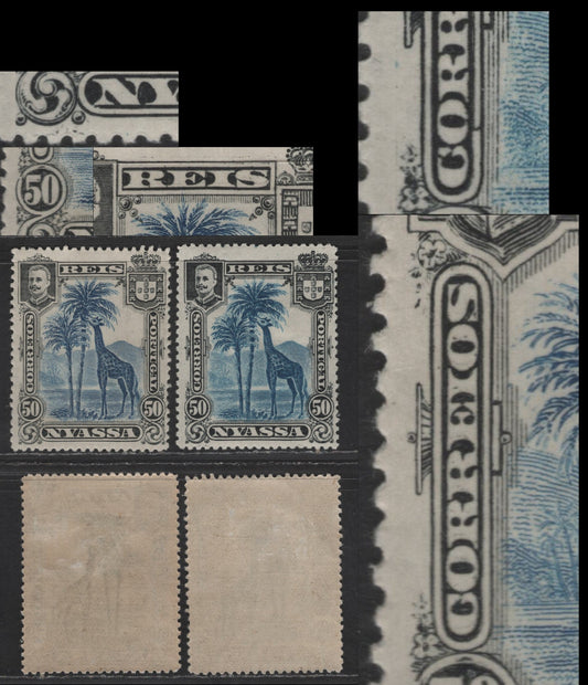 Lot 216 Nyassa SC#32var 50r Black & Dark Blue - Black & Bright Blue Giraffe, 1901 Pictorial Issue, 2 VFOG Singles, Misplaced Entries